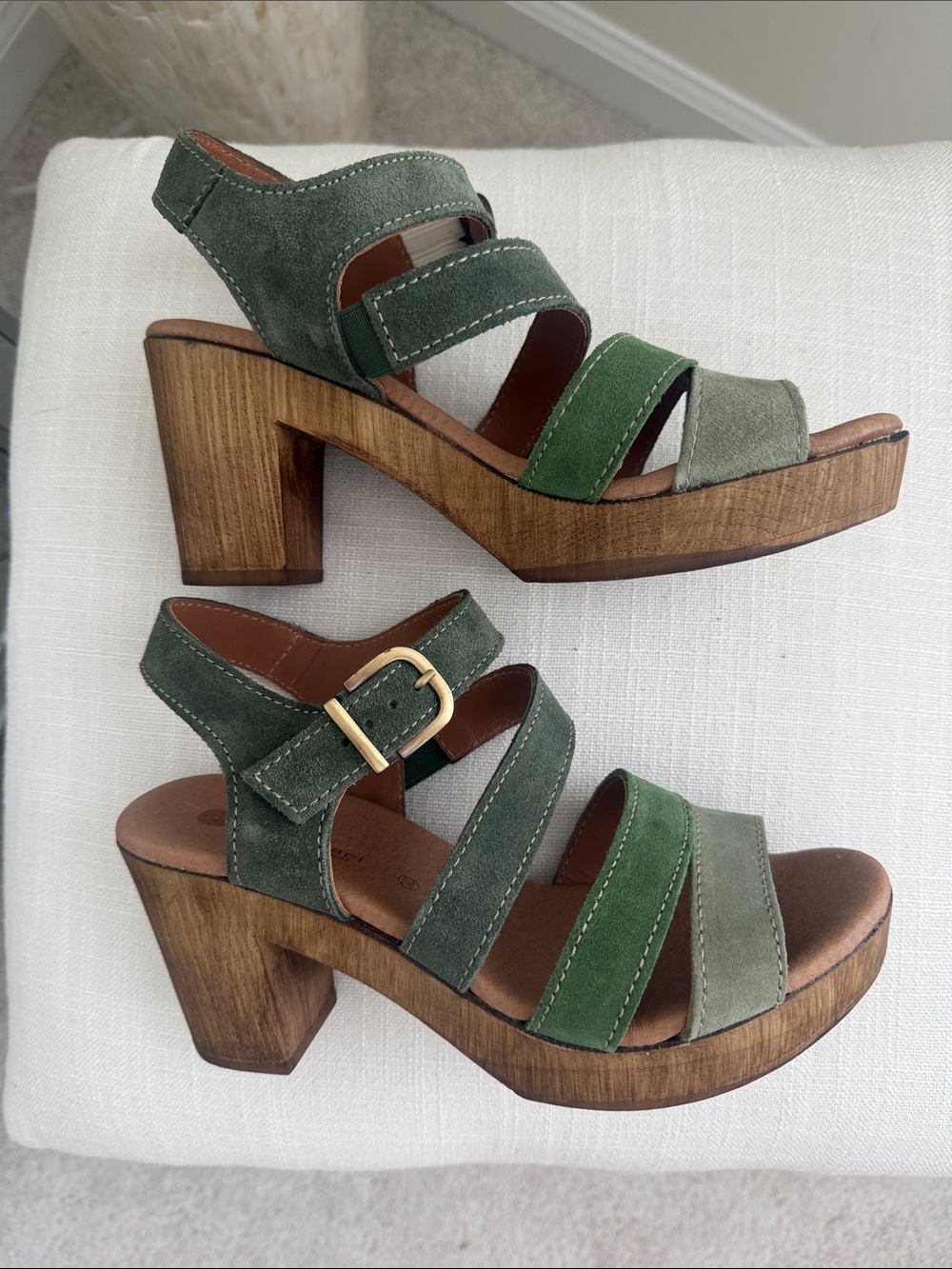 Eric Michael Multi-Green Suede Strappy Block Heel Sandals